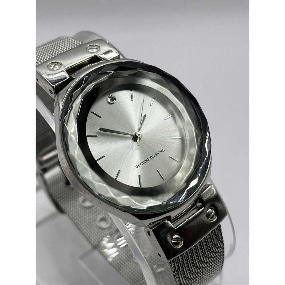 Women's Quartz Watch Silver Tone Mesh‎ Metal Band Diamond Accent- New Battery